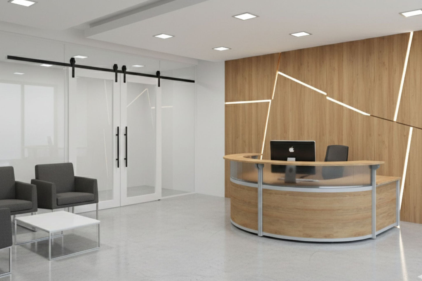 Modern office interior with a curved reception desk, chairs, and glass walls.