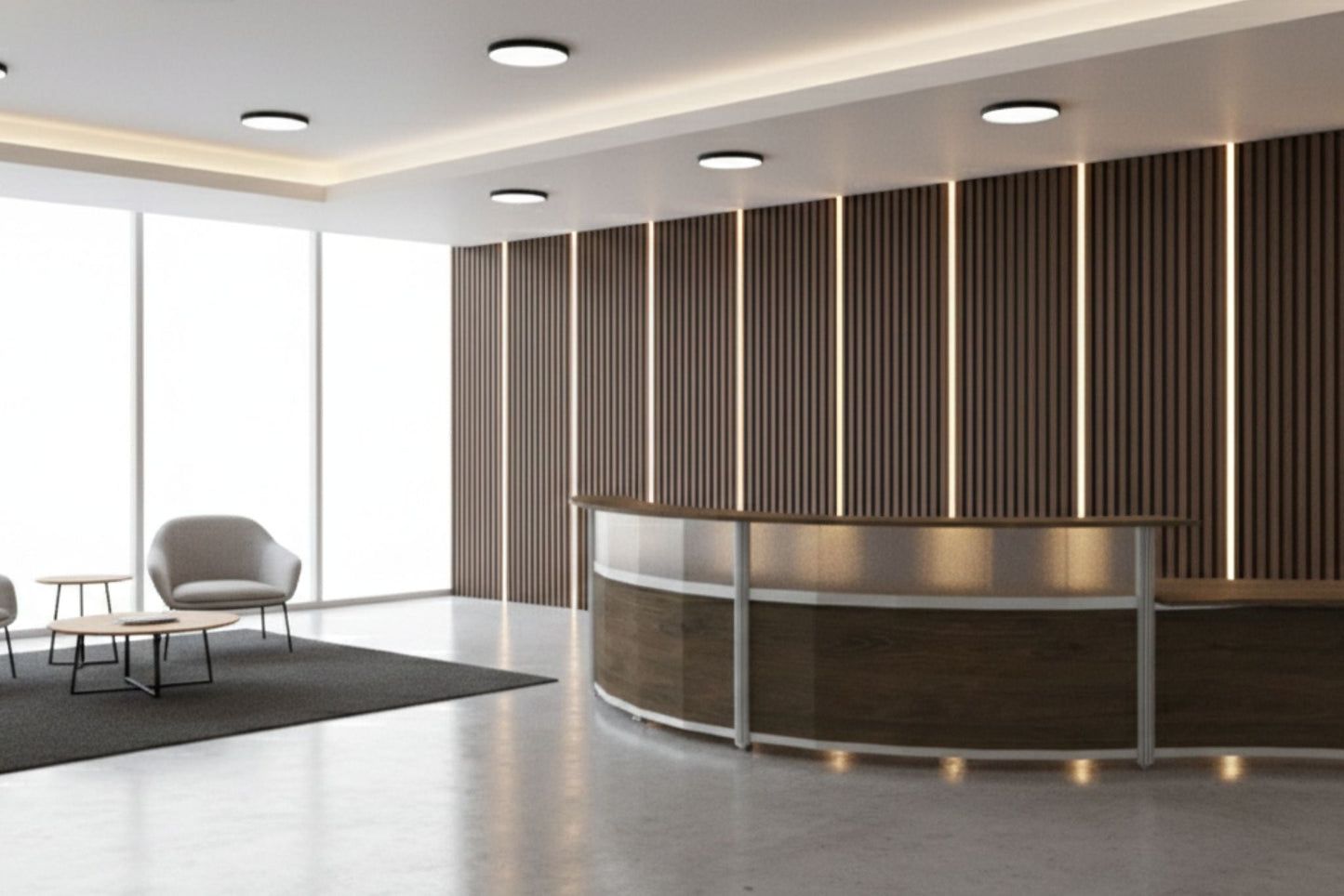 Modern office lobby with round reception desk and seating area