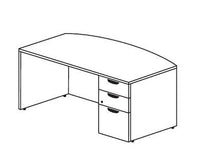 A simple black-and-white line drawing of a curved office desk with a pedestal drawer unit, shown on a plain white background.