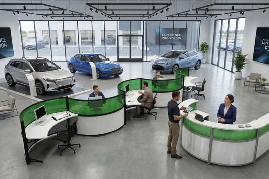 Image of an auto dealership with modern curved office furniture.