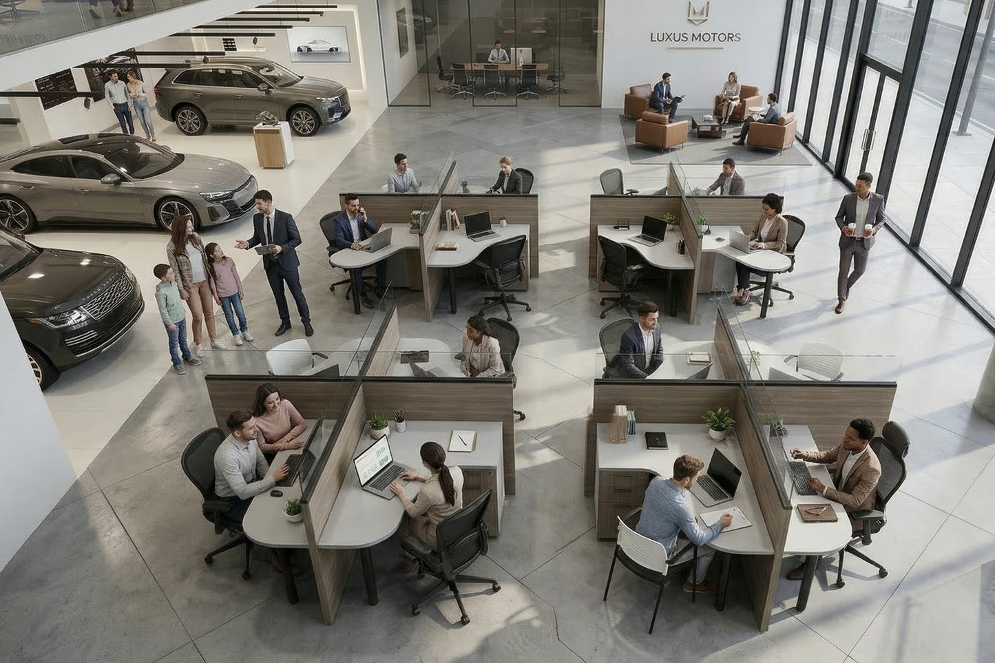 Modern car dealership with people working at desks, cars on display in the background