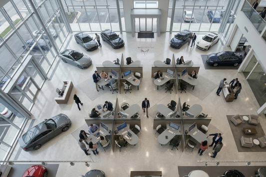 Modern car dealership with people working at desks, cars on display in the background