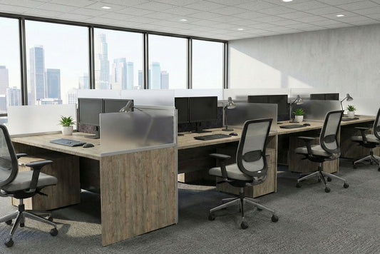 Modern office with glass-walled call center and touchdown workstations and cityscape view