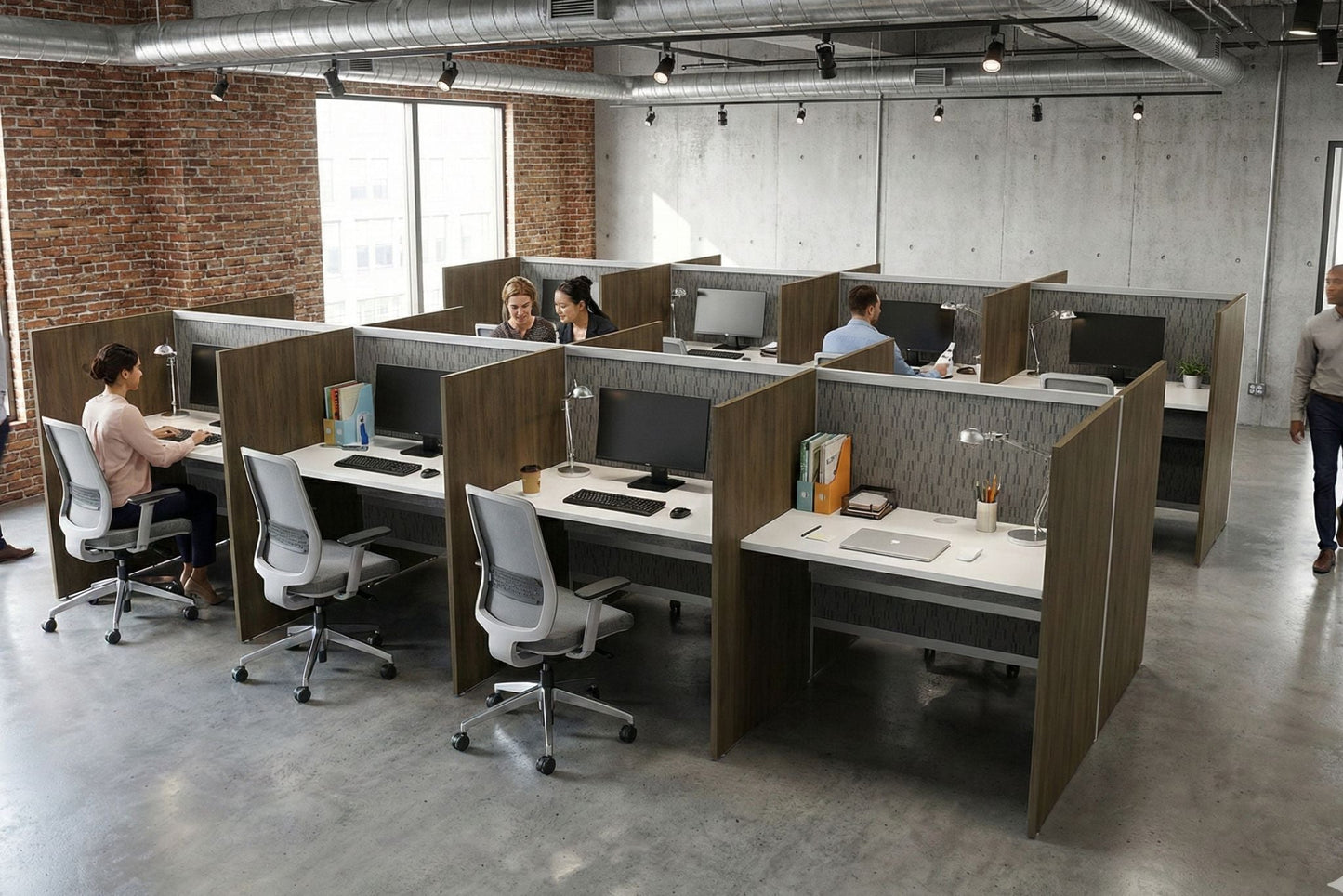 Modern office with glass-walled call center and touchdown workstations and cityscape view