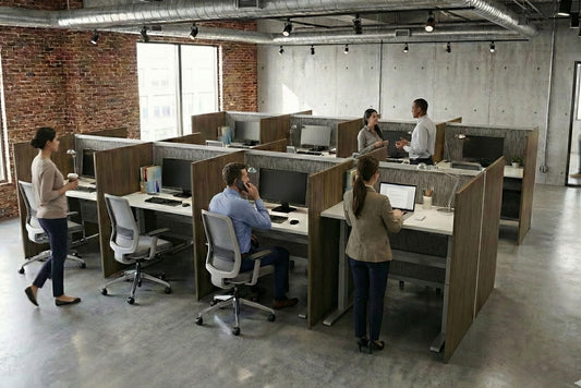 Modern office with glass-walled call center and touchdown workstations and cityscape view