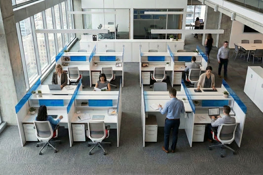 Modern office with glass-walled call center and touchdown workstations and cityscape view