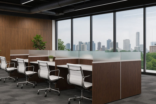 Modern office with glass-walled call center and touchdown workstations and cityscape view