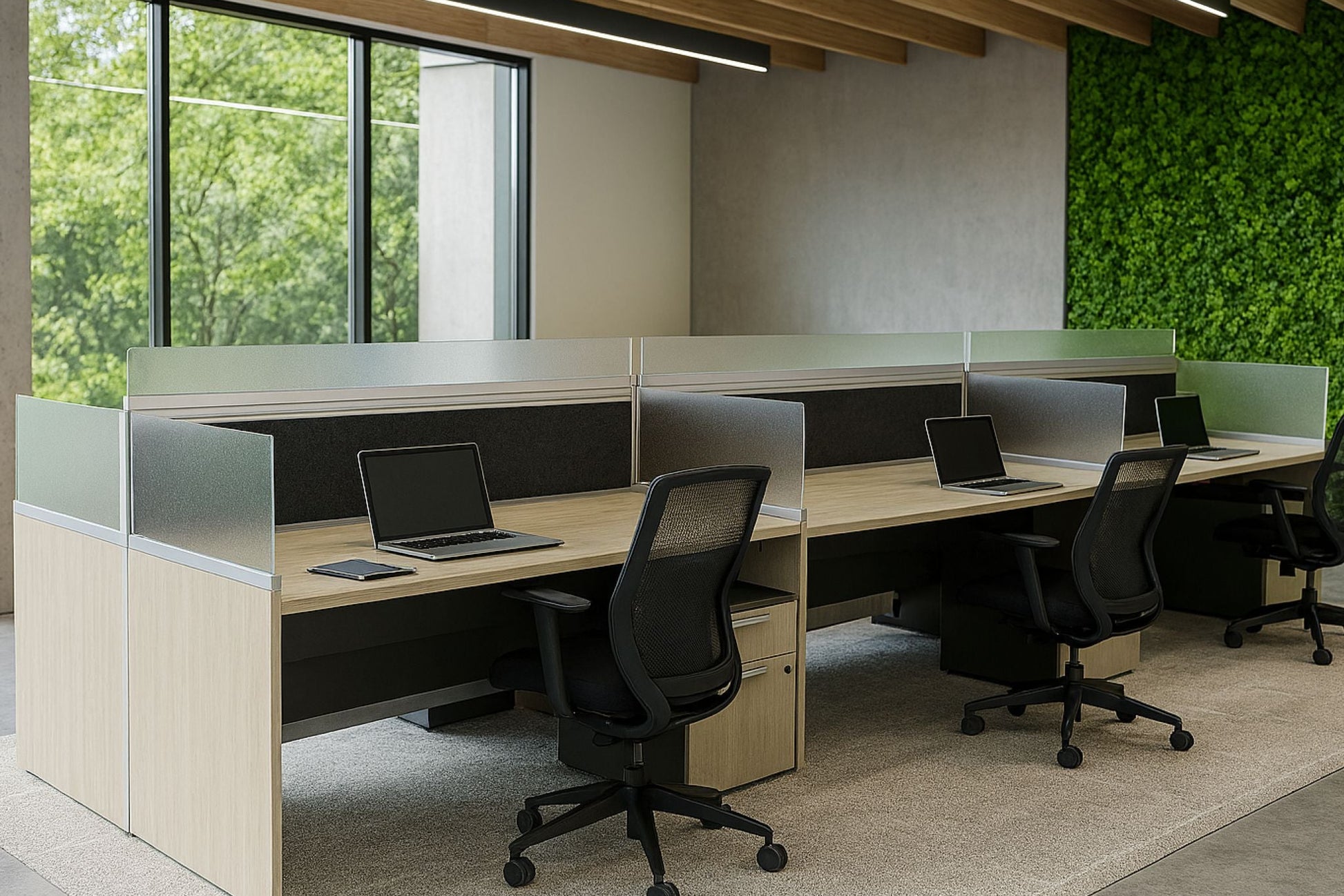 Modern office with glass-walled call center and touchdown workstations and cityscape view