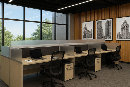 Modern office with glass-walled call center and touchdown workstations and cityscape view