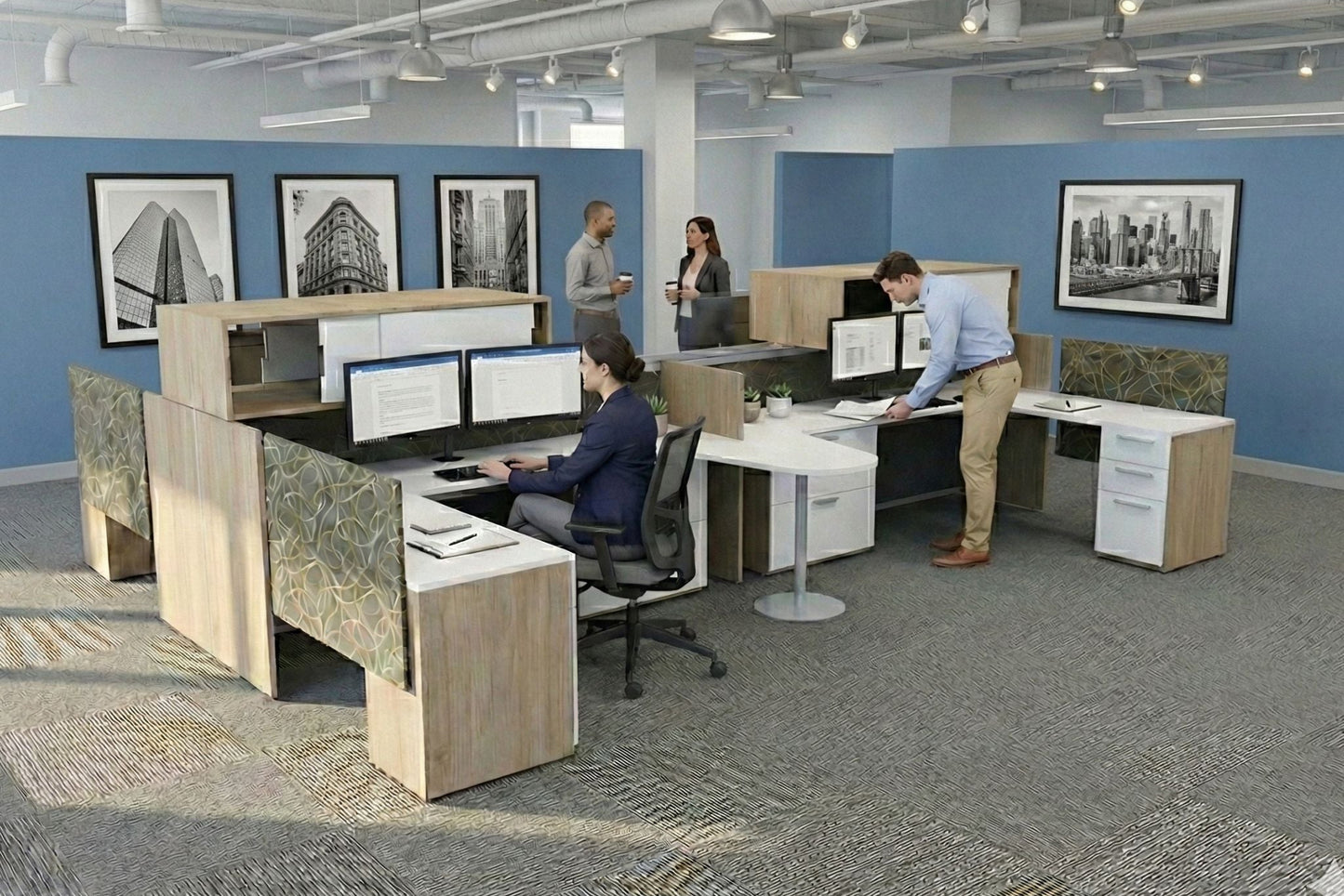 Modern office space with employees working at their desks.
