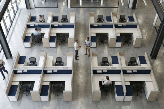 Modern office layout with workstations and people in a large open space.
