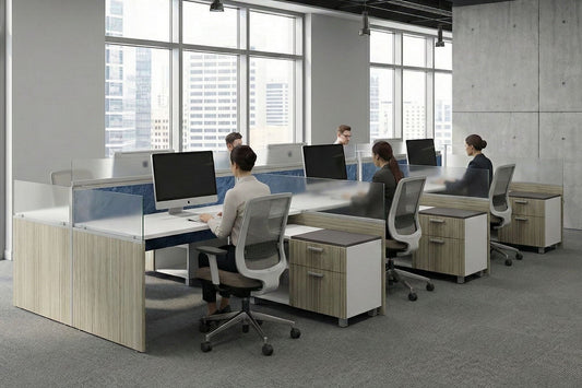 Modern office space with workers at their desks in a cityscape setting