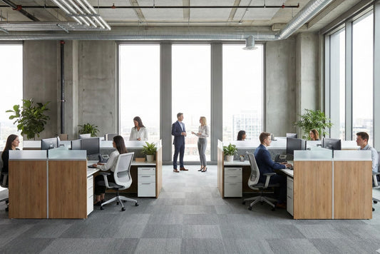 Modern office space with employees working at their desks.