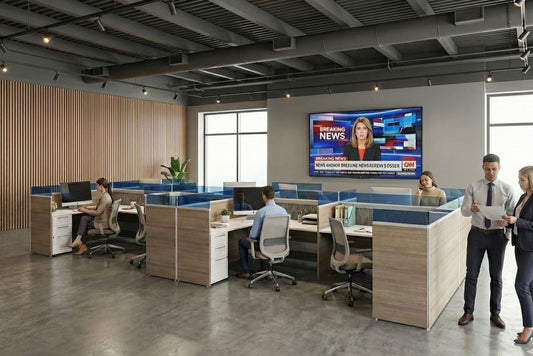 Modern office space with employees at workstations and a news broadcast on a screen.