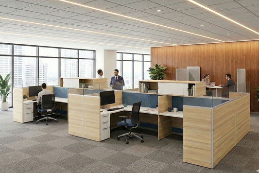 Modern open plan office with wooden desks and glass partitions