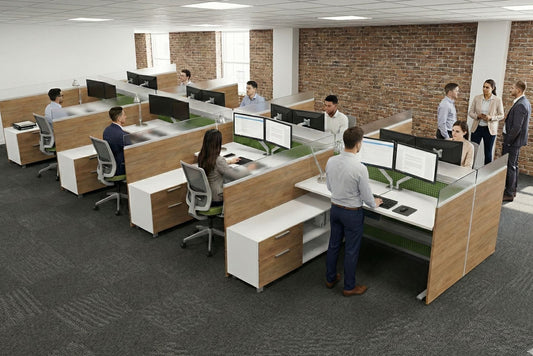 Modern open plan office layout with employees working at their desks.