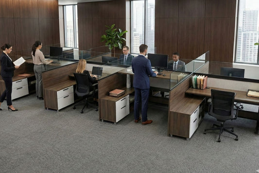 Modern office height adjustable desks and glass partitions