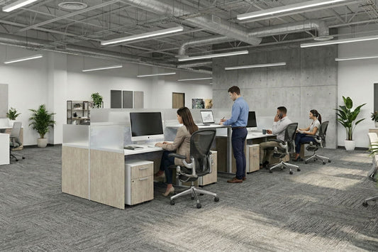 Modern office with glass-walled call center and touchdown workstations and cityscape view