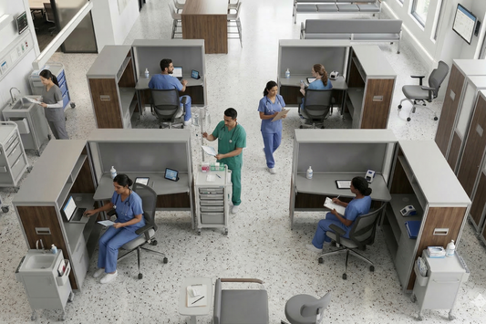 Mobile desks in a healthcare space