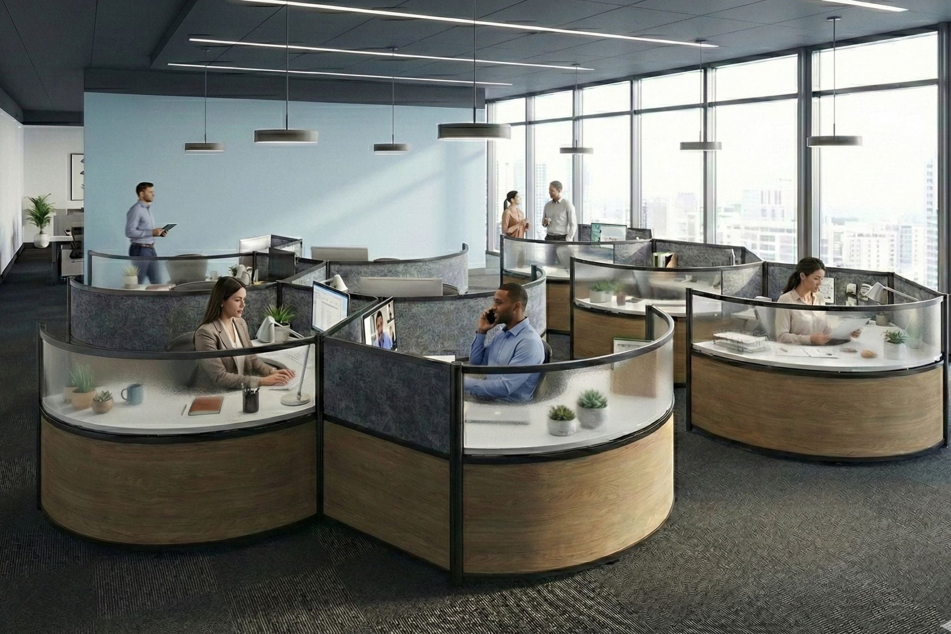 Modern office layout with glass-walled round cubicle workstations and people working.