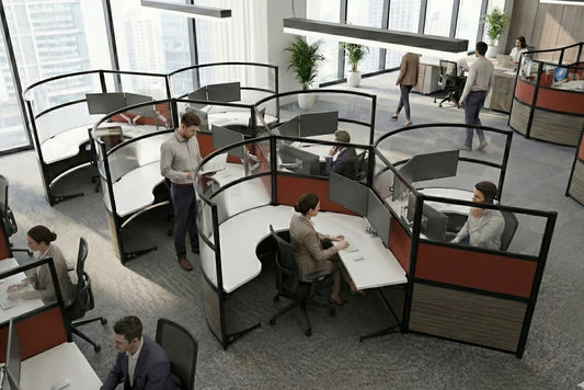 Modern office round workstation layout with workers at their desks
