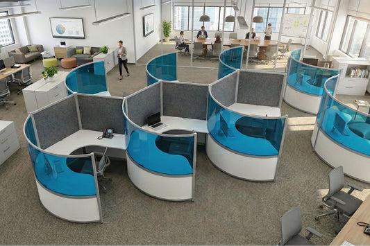 Modern office layout with curved desk partitions and employees working.