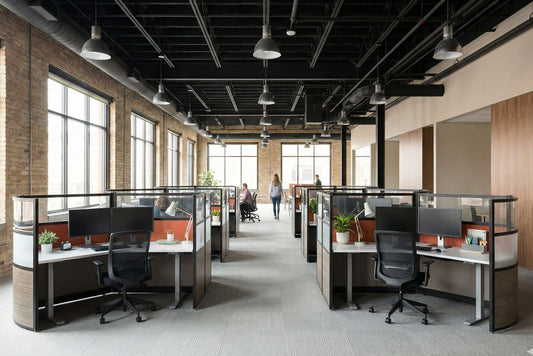 Modern office space with workstations and people in a casual setting.