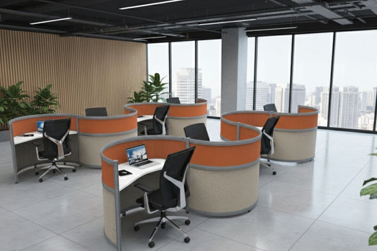 Modern office setup with round workstations, chairs, and large windows overlooking a cityscape.