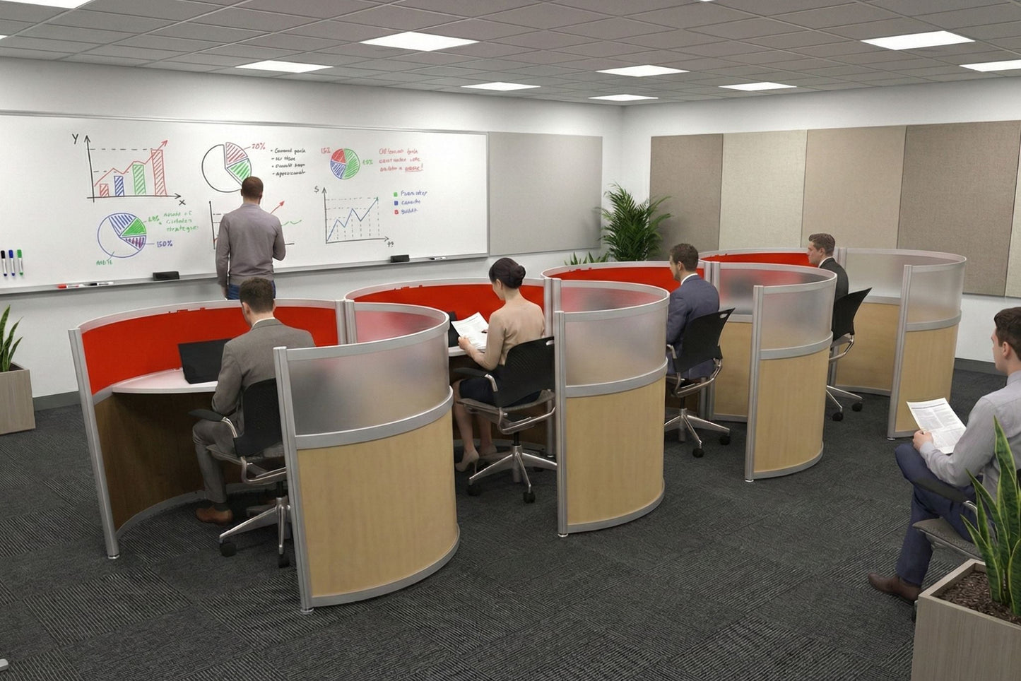 Modern office space with people working at touchdown desks and a whiteboard in the background.