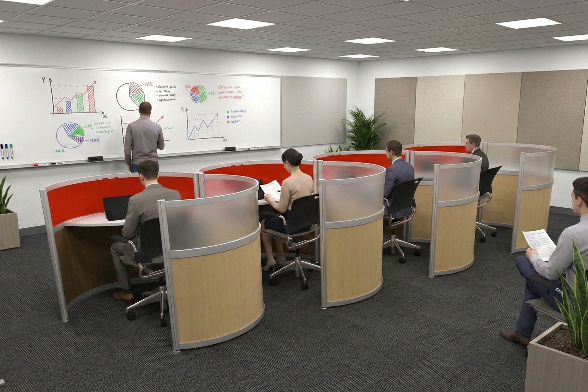 Modern office space with people working at touchdown desks and a whiteboard in the background.