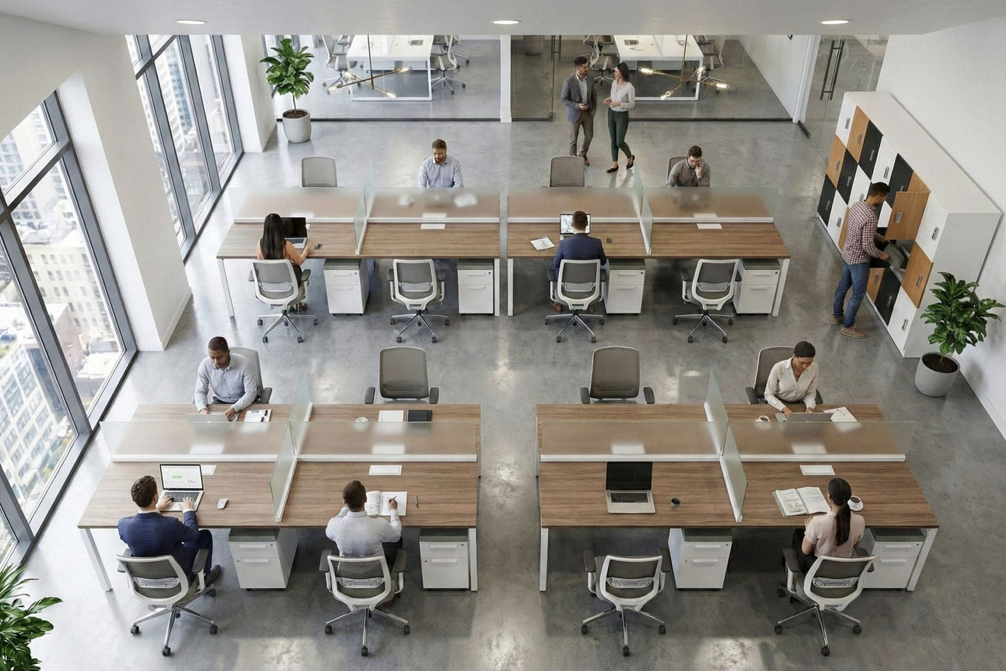Modern open plan office with employees working at their desks.