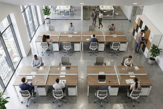 Modern open plan office with employees working at their desks.