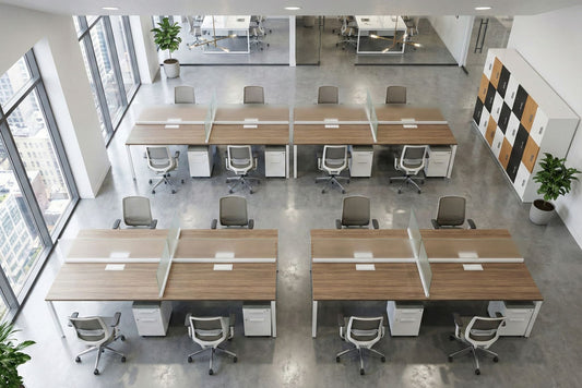 Modern office benching layout with desks and chairs in a large open space.
