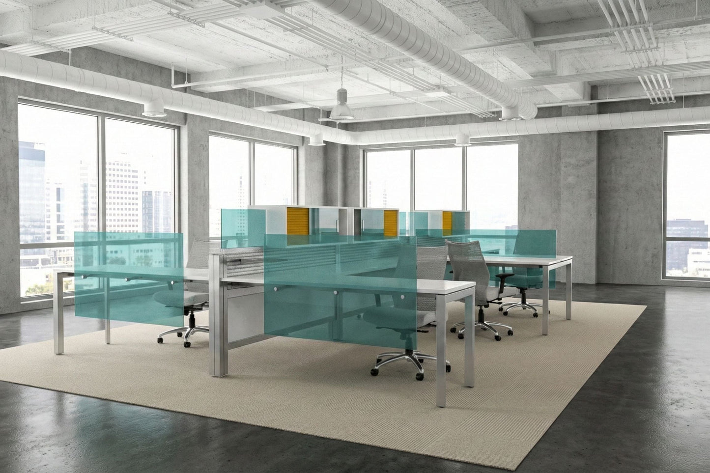 Modern office space with glass partitions and large windows.