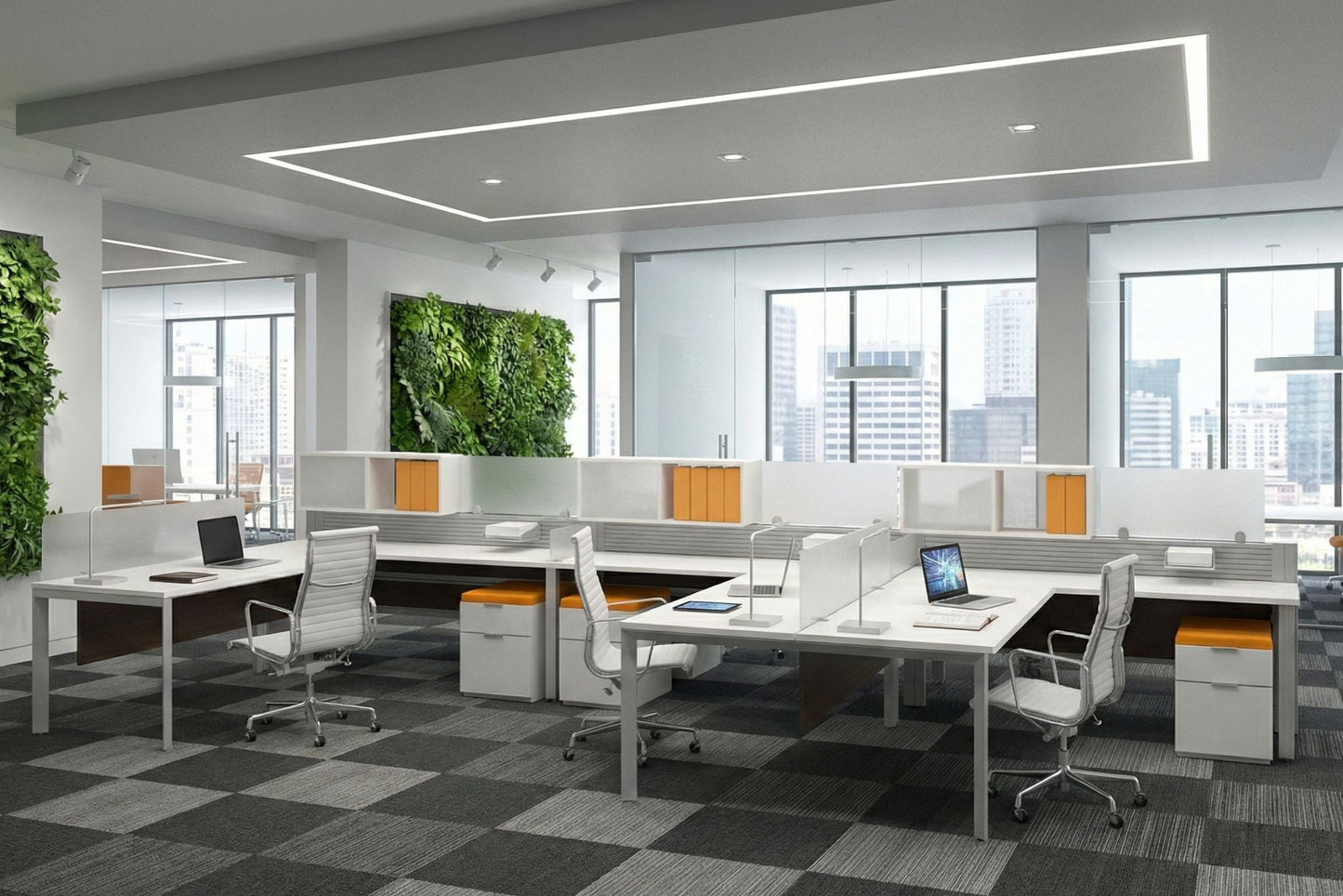 Modern office space with desks, chairs, and large windows.