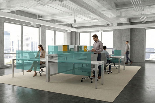 Modern office space with glass partitions and people working.