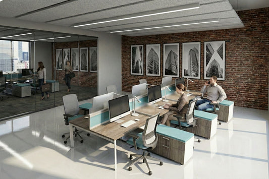 Modern office interior with employees working at desks.