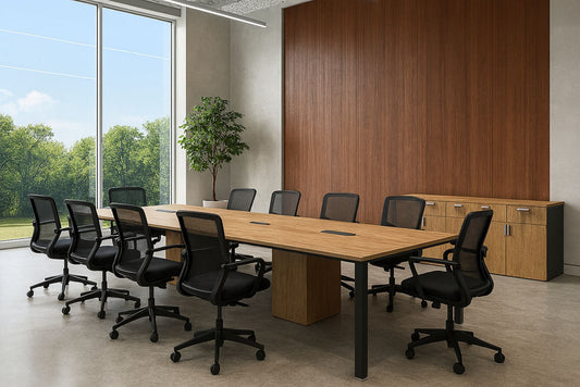 Modern conference room with wooden table and chairs near large windows.