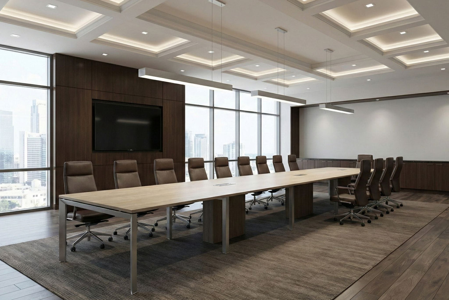 Modern conference room with long wooden table and chairs, large windows, and cityscape view.