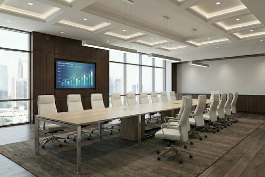 Modern conference room with a large table and chairs, featuring a digital display on the wall.