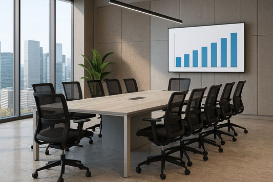 Modern conference room with a large table and chairs, featuring a wall-mounted screen displaying a bar graph.