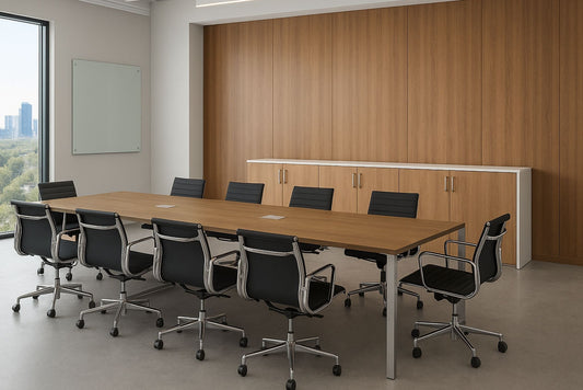 Modern conference room with a long wooden table and black chairs.