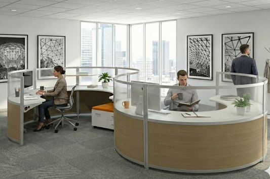 Modern office interior with round workstations and employees at their desks.