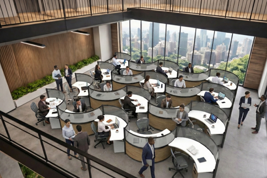 Modern office space with round workstations and large windows overlooking a cityscape.