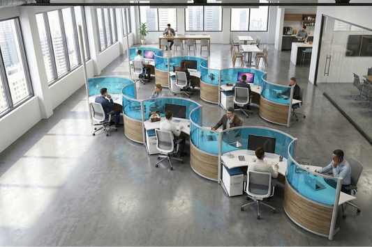 Modern office layout with round desk partitions and employees working.