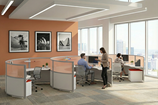 Modern office with round office partitions and people working.