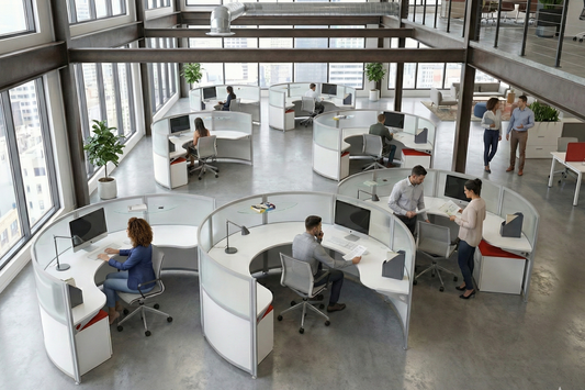 Modern office with round workstations and employees working.