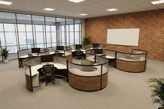 Modern office layout with round glass partitions, chairs, and a whiteboard on a brick wall.