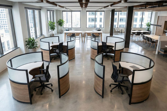 Modern office space with round workstations and large windows.