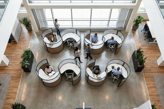 Modern office layout with circular workstations and people working.